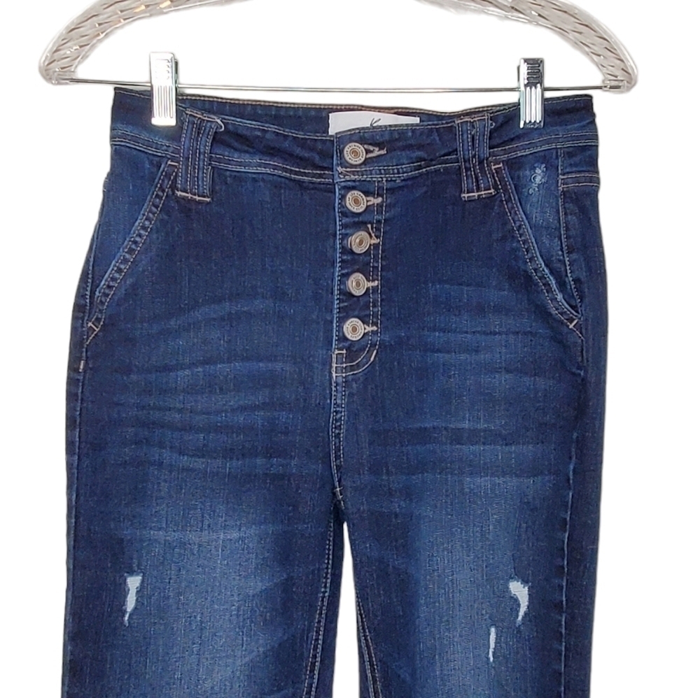 KanCan Women's Flared Jeans, Button Fly Distressed Dark Wash Size 5, 26" Waist - Picture 5 of 11